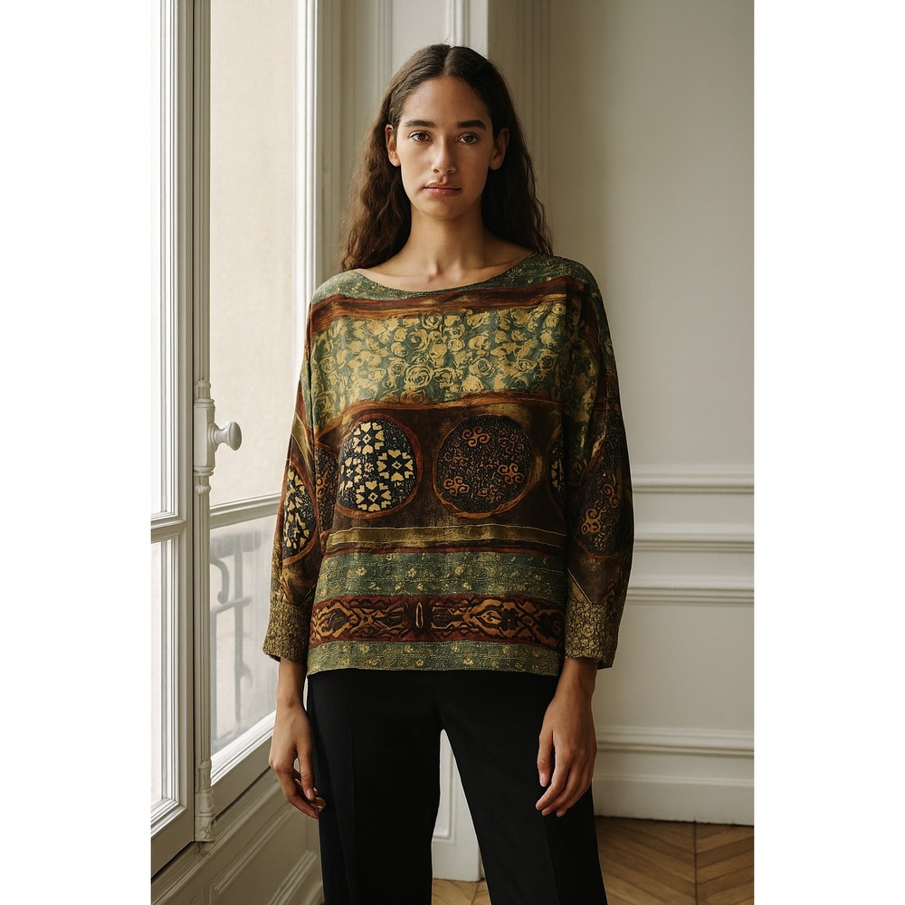 Carole Little VTG Womens Abstract Bold Blouse Top 4 Brown Fairy Grunge Artsy